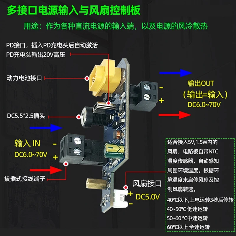 XY-FAN Multi Interface Power Input and Fan Control Board Various Power Supply DIY Module 3 Gear Adjustment 6-70V DC