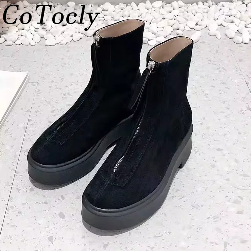 

Hot Sales Motorcycle Boots Woman Round Toe Front Zip Short Boots Female Flat Platform Shoes Suede Leather Ankle Boots Women