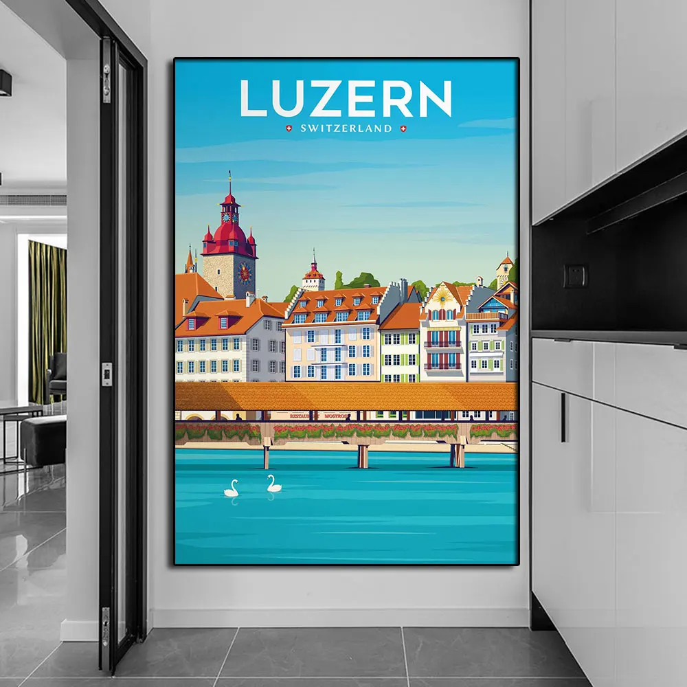 Luzern Switzerland City Canvas Painting Travel Luzern Vintage Posters And Picture Print Wall Art For Living Room Decoration Gift