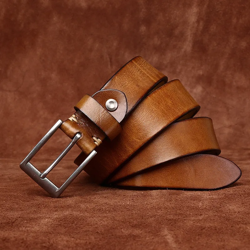 Men's leather belt vintage wash thick extra thick head layer cowhide leather belt men's stainless steel all-in-one casual belt