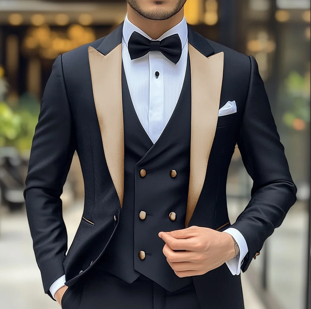 Groom Wedding Tuxedo 3-piece Suit Men's Black Suit Jacket Pants Vest Formal Peak Lapel Blazer Slim Fit Outfit