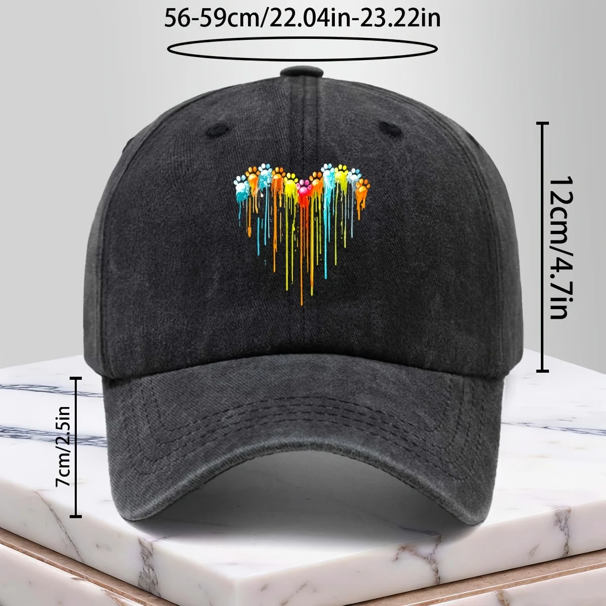 Dripping Paw Print Heart Baseball Cap Vintage Washed Cotton Adjustable Trucker Hat Unisex Outdoor