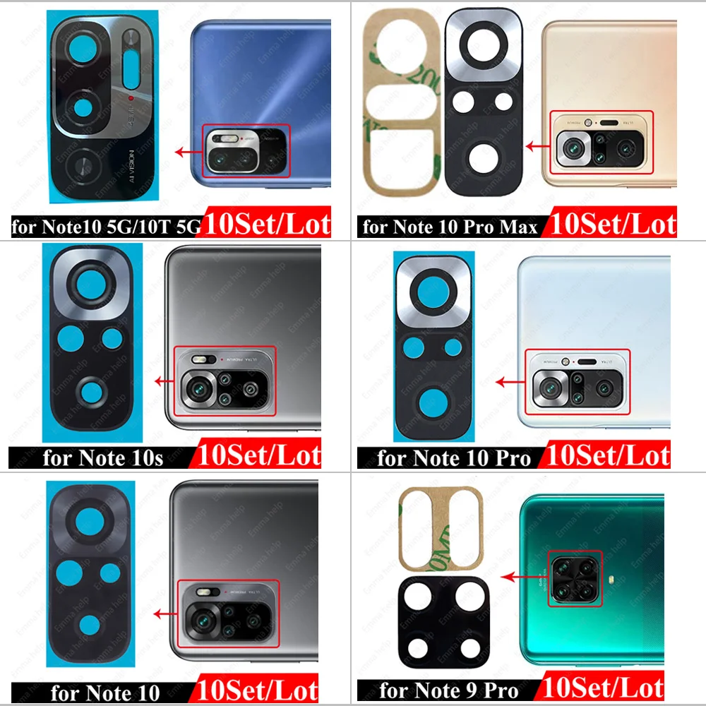 10set Rear Camera Glass for Xiaomi Redmi Note 10 5G 10T 9 Pro Max 9S 7 Pro Back Lens Replacement Repair Part with Glue Adhesive