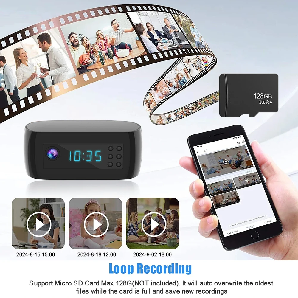 4K HD WiFi IP Mini Camera Desktop Alarm Clock Camera Two-way Audio Camera Home Security Nanny Camera IR Night Vision