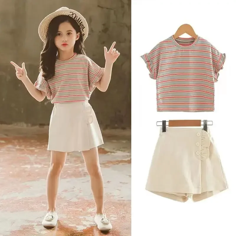 Teenage Kids Girls Clothing Sets Summer Casual Short Sleeve T-shirts + Pants 2PCS Fashion Children Clothes Suits 8 10 12 14 Year