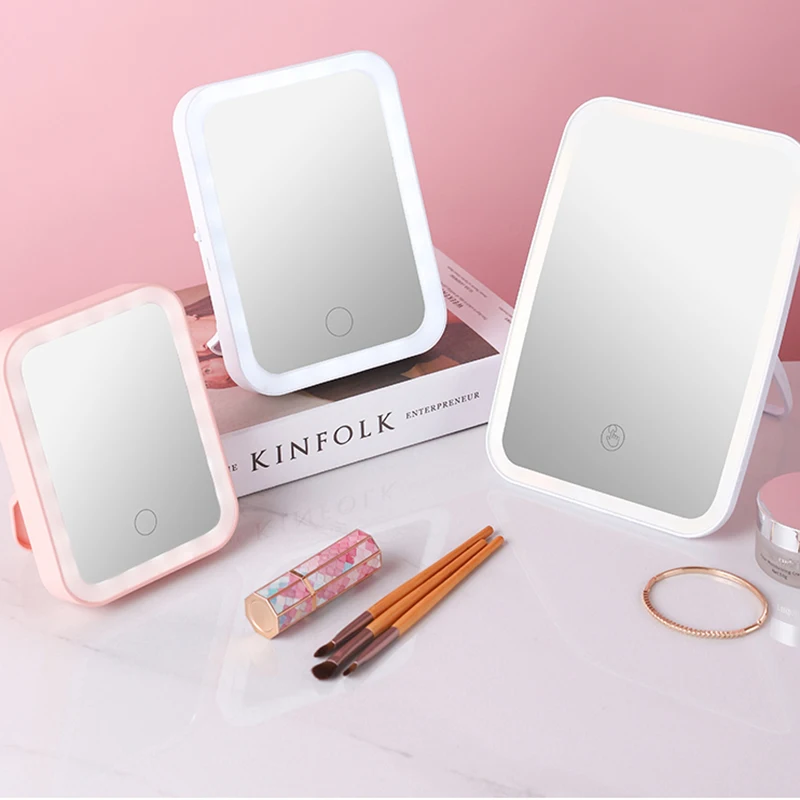 

Makeup Tempered Glass Mirror Light Led Touch Switch Rectangle Portable Mirror Squares Quality Espelho Com Led Cosmetic Mirror