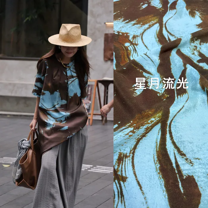 Blue Abstract Print Silk Stretch Crepe De Chine Fabric Mulberry Silk Material For Dresses 140cm Wide Blouse