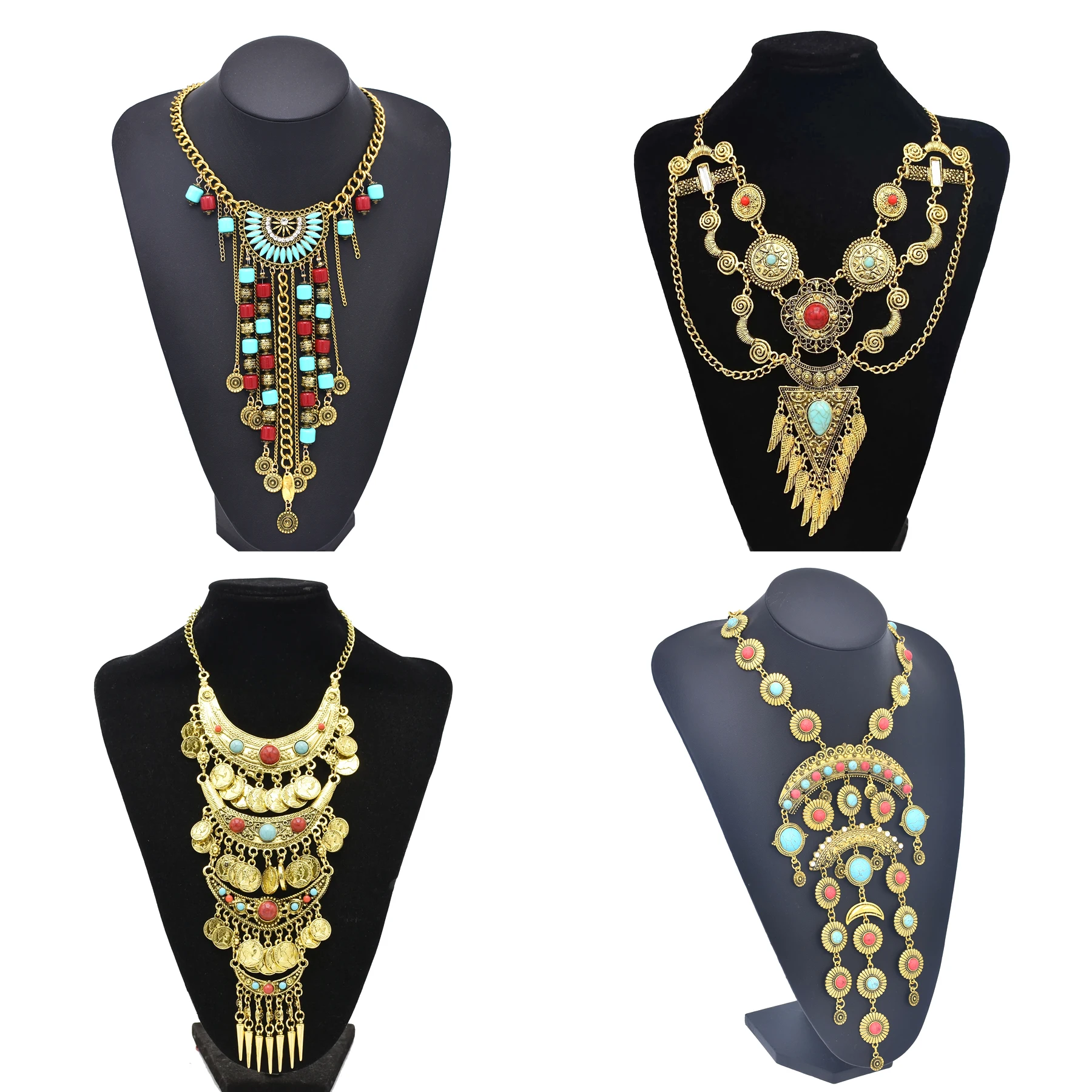 Vintage Golden Silvery Statement Necklace for Women Colorful Rhinestone Long Chains Necklaces Gypsy Boho Ethnic Neck Jewelry