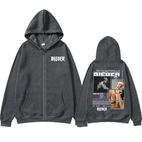 Imagen 2 del producto Rapero Justin Bieber álbum Tour Sudadera con capucha con cremallera ropa de hombre Hip Hop música Pop jersey con cremallera Unisex moda chaqueta Casual Sudadera con capucha