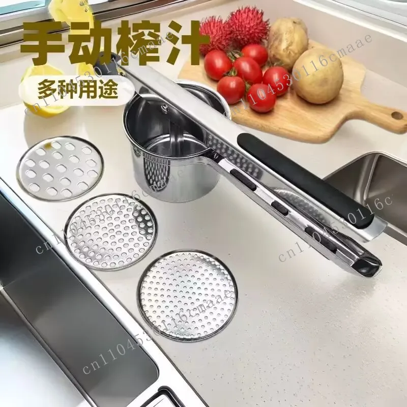 Stainless steel potato puree, garlic puree, lemon juicer, multi-purpose non-slip silicone handle, manual three-in-one
