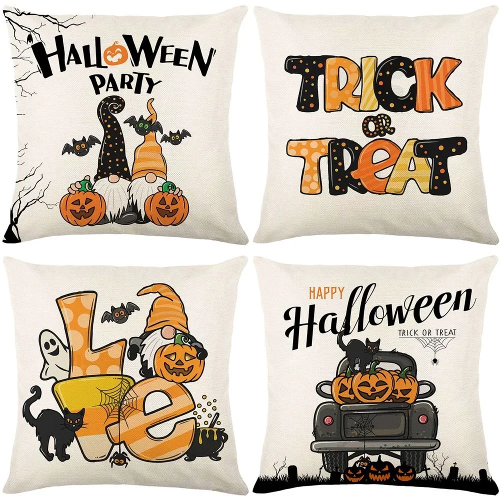 Halloween Decorations Pumpkin Letters Cushion Cover 18x18 Inches Linen Pillowcase Farmhouse Home Decor Pillow Cover for Couch