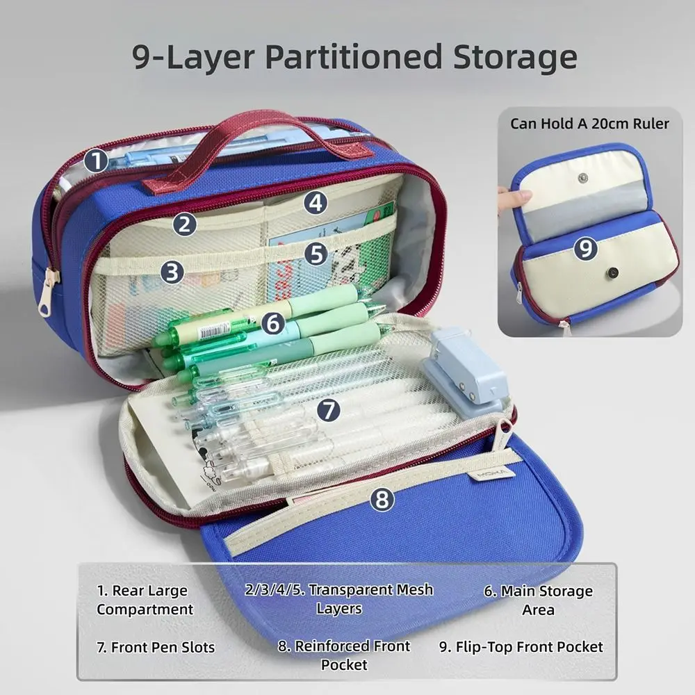 جديد التباين اللون يده القلم حقيبة تسعة طبقات يده حقيبة أدوات مكتبية سعة كبيرة منظم قرطاسية مكتب المدرسة