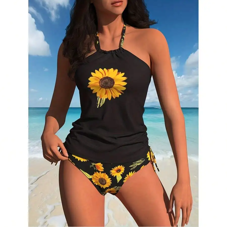 

Womens Halter Neck Two Piece Swimsuit With Sunflower Print Drawstring Bikini Set
