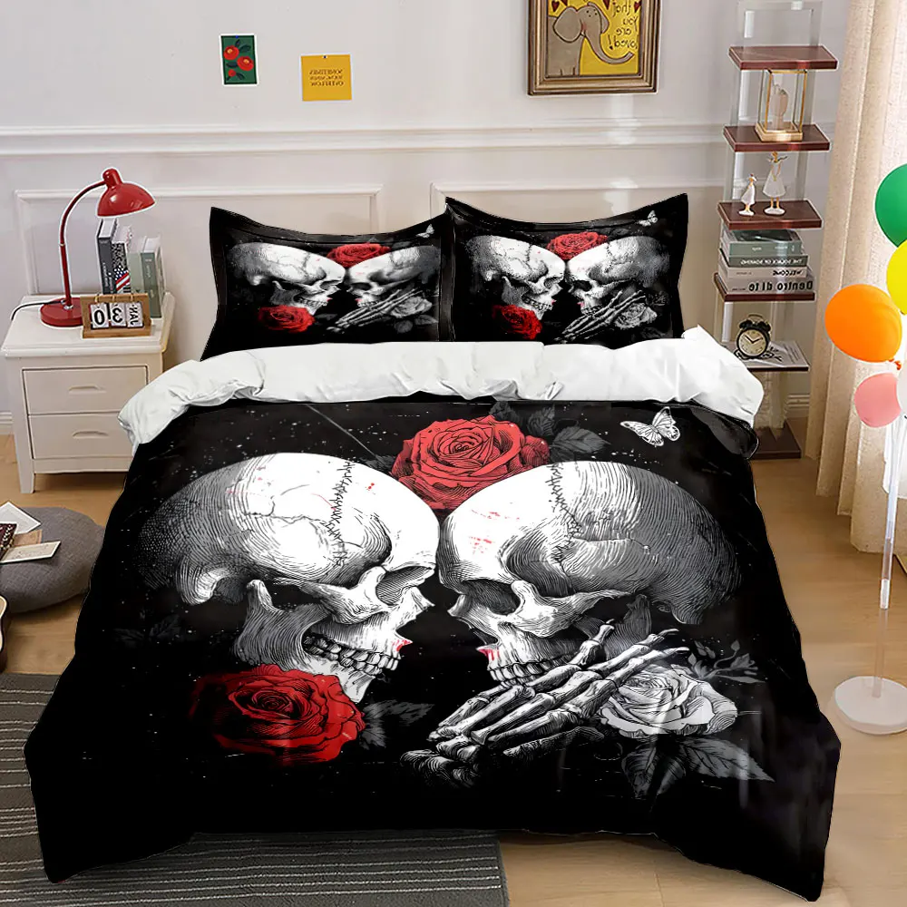 Skull Rose Dark Bedding Design Print Bedding Set 1 Duvet Cover 2 Pillowcases for Adult and Children Luxury Gift Full Size