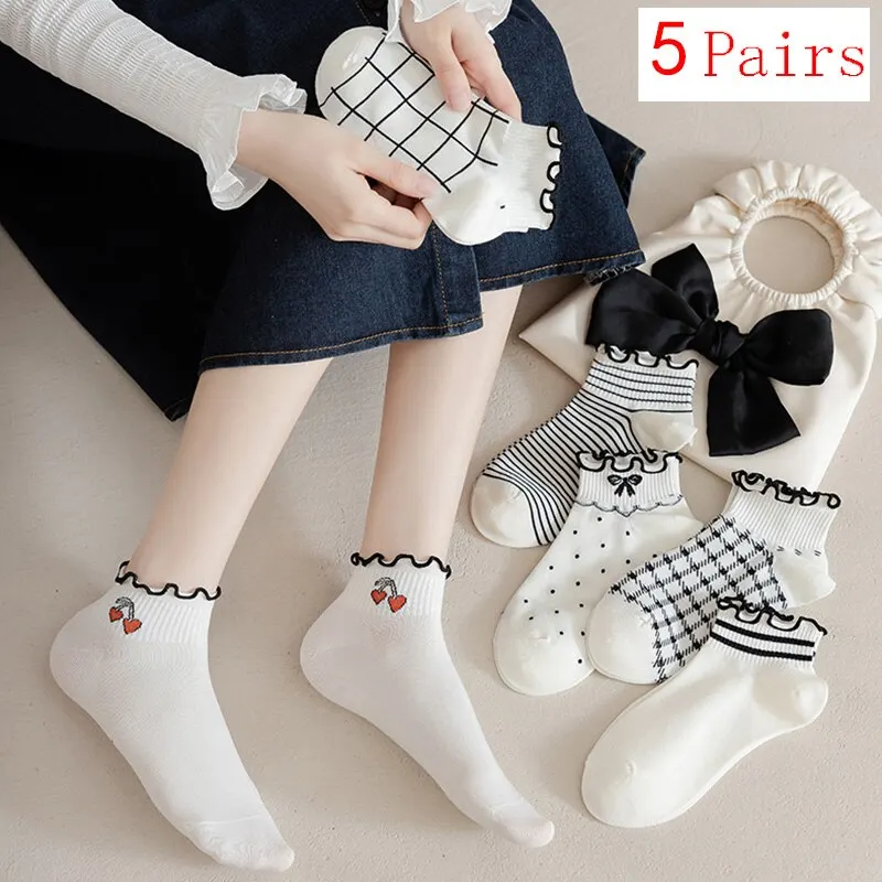 5 PairsWomens Socks Spring Snd Summer Thin Ins Fashion Casual Cute Japanese Boat Socks Student Lace Female Socks