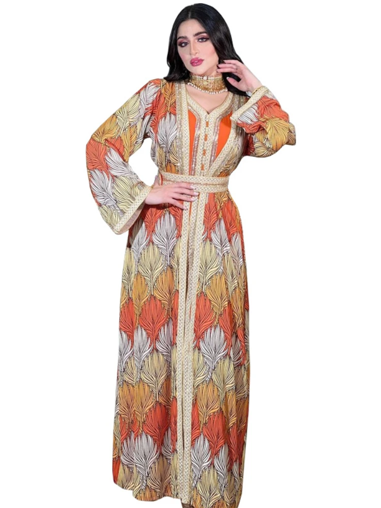 Imagem -04 - Vestido de Festa Muçulmano para Mulheres Abaya para Eid Vestidos Islâmicos Kaftan Diamante Maxi Abayas Caftan com Cinto Conjunto de Peças 2023