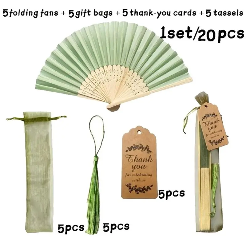 ABUI-30 Set Green Fans For Guests Bulk,Handheld Foldable Handmade Folding Fans For DIY Bridal Shower Wedding Banquet,Party