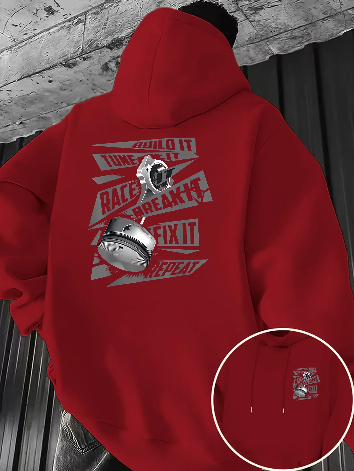Y2K Urban Street Men Hoodie Back Car Racing Piston Graphic Hip‑Hop Style Loose Oversized Autumn Winter Fleece Lined Pullover
