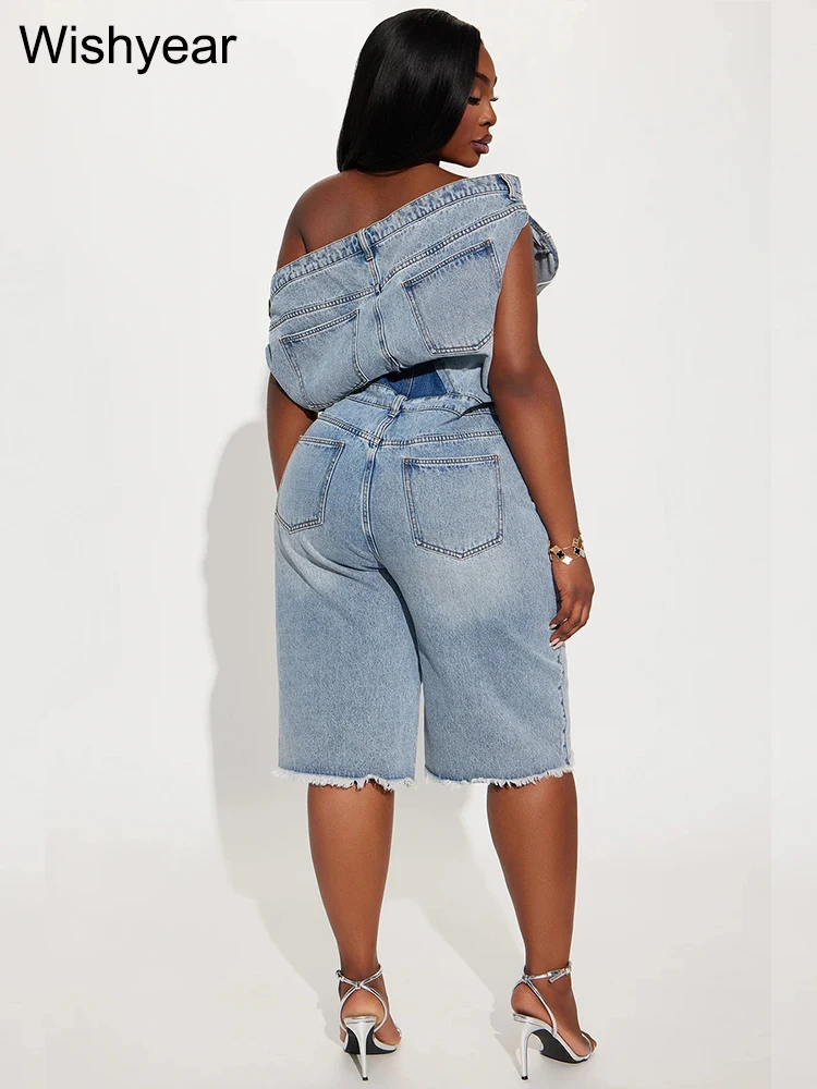 Women's Off-Shoulder Blue Denim Jumpsuit Slash Neck Casual Straight Romper Playsuit One Piece Autumn Jeans Streetwear Outfits - Image 2
