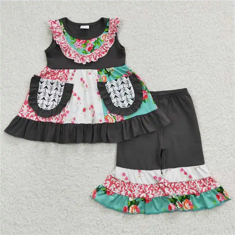 

Wholesale Girls Summer Short Sleeve Suit Multi-Element Pocket Pattern Flower Color Bright Pants Ruffle