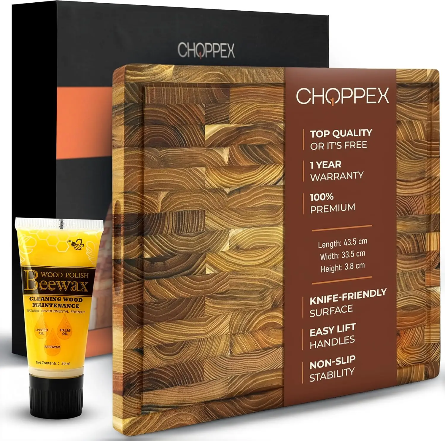 

End Grain Teak Wood Cutting Board – 13.1x17.1x1.5 in, Premium Butcher Block with Deep Juice Groove, Non-Slip Feet & Sid