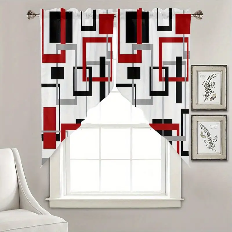 VIKAMA Geometric Triangle Curtain Red Black Grey White Square Pattern Print Swag Valance For Kitchen Window Living Room Decor