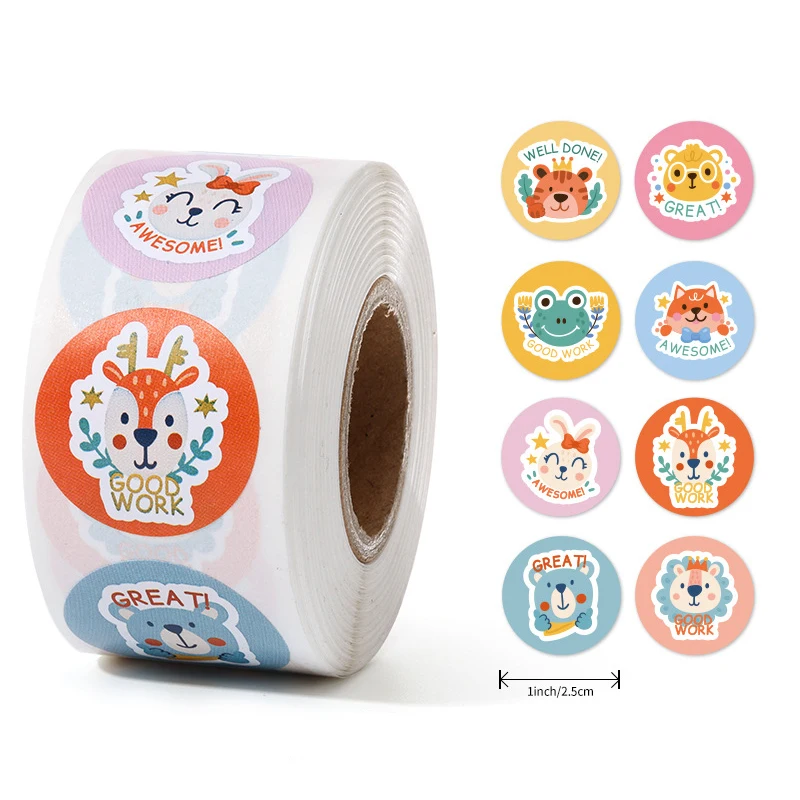 50-500pcs 1inch Round Good Job Cute Animal Teacher Reward Deco Stickers Korean Logo Stickers Scrapbook Paper Fridge Stickers