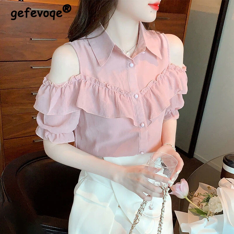 

Women Ruffle Sexy Off Shoulder Chic Sweet Shirts Summer Korean Style Lapel Short Sleeve Blouses Solid Elegant Chiffon Tops Blusa