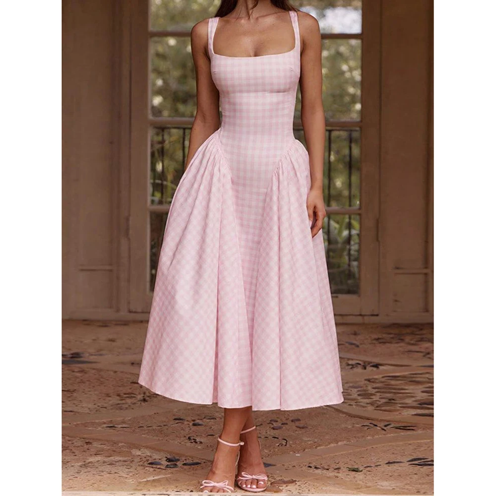 

Pink Women Dress Sleeveless Corset Dress Summer Plaid Print Backless A-Line Party Dress For Vacation Cocktail Beach Streetwear