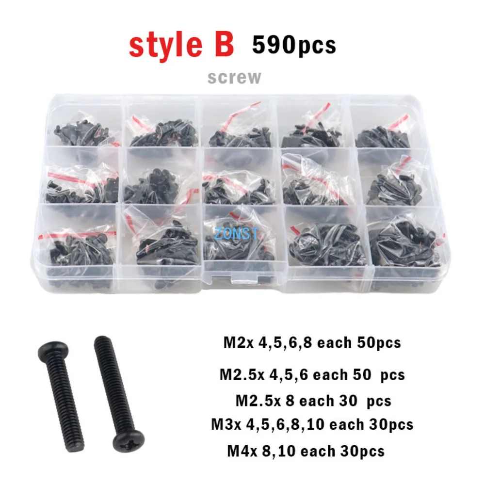 650/300pcs M1.2 M1.4 M1.7 M2 M2.5 M3 M4 Black Mini Micro Phillips Cross Pan Round Head Screw Switch Bolt and Nut Set Box Kit