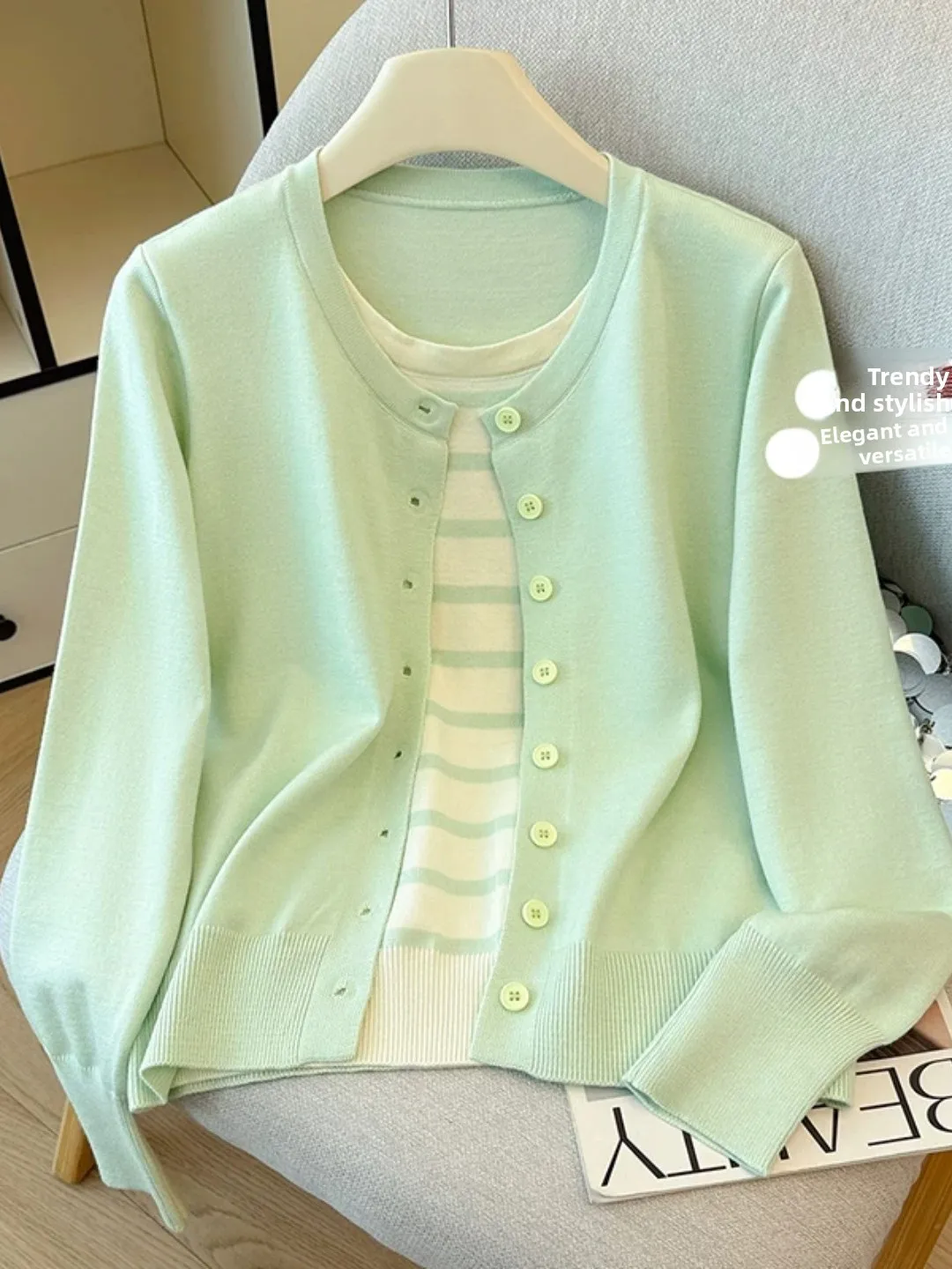 Striped Splice Long Sleeve Knitted Sweater Women's Spring Autumn Loose Soft Casual Style Fashion Design Sensation Fake Two-Piece