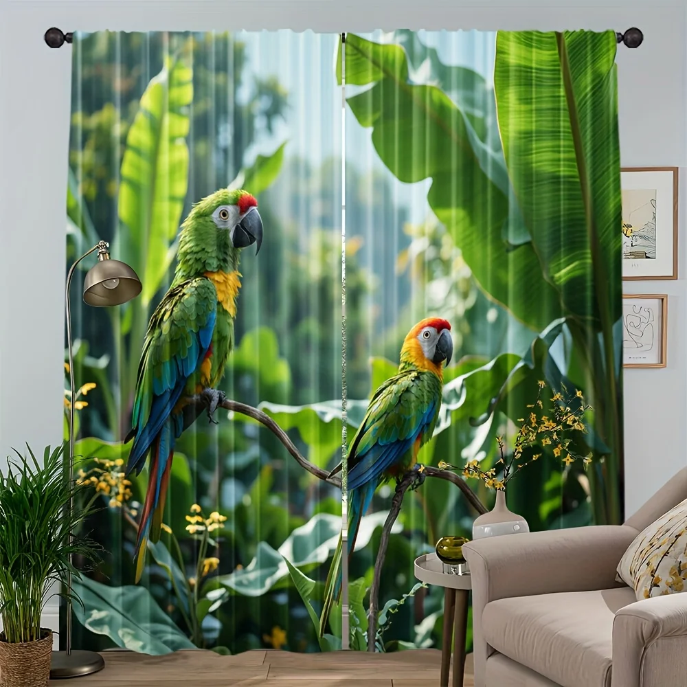 2 Panels Tropical Parrot & Plant Curtains Fresh Green Leaves Design Light Filtering Two Pieces Set for Living Room Bedroom