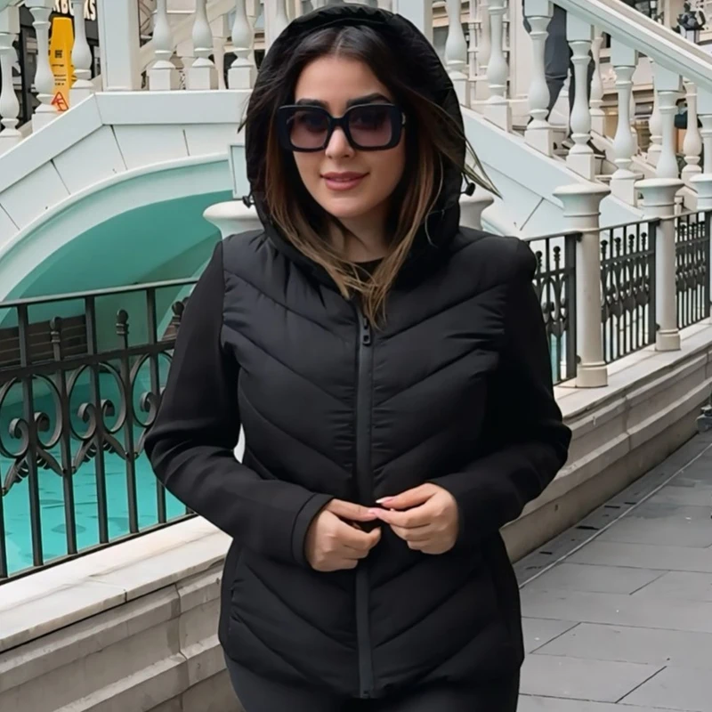 HXAO Chaqueta de mujer Chaqueta acolchada negra Mujer Demi-Season Nuevo en abrigos y chaquetas Chaqueta acolchada ligera con capucha de manga larga con cremallera