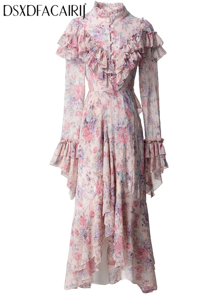 

DSXDFACAIRIJ Women's Vintage Embroidered Dress Flower Print Stand Collar Flare Sleeve Ruffles Fashion Spring