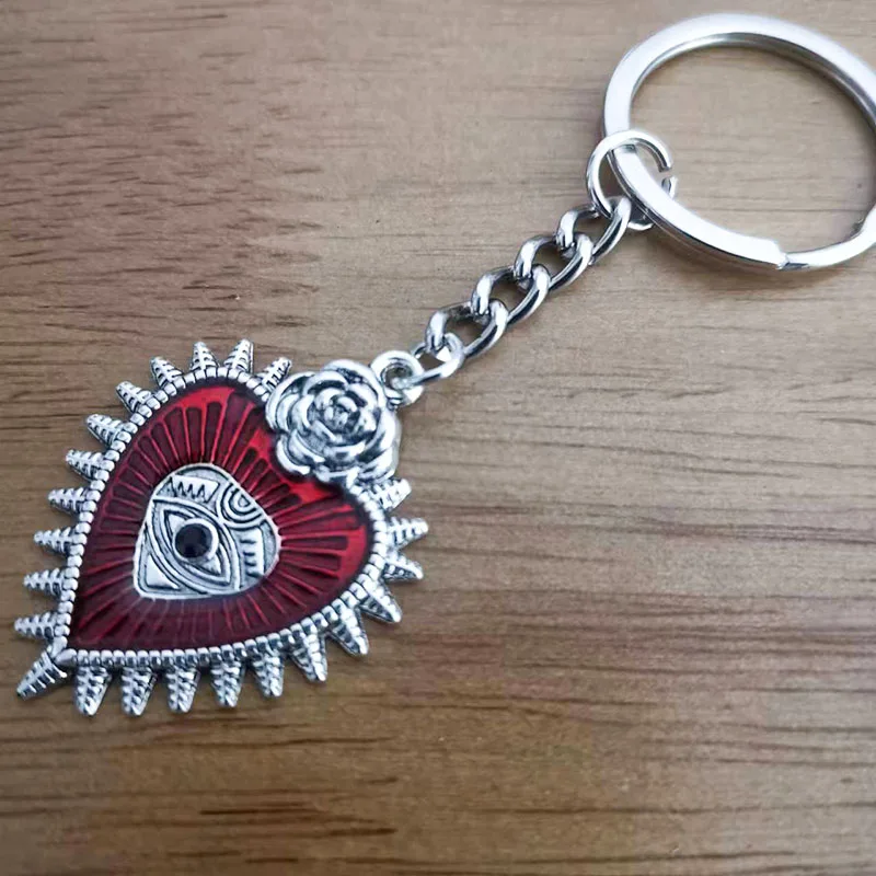 1 Pcs Gothic Punk Rose Love Heart Pendant Key Chain Vintage Fashion Red Enamel Keychain Accessories Bag Car