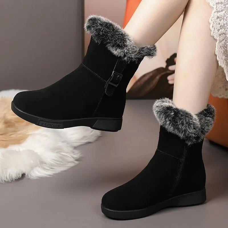 2024 Women\'s Winter Fashion Leather Warm Snow Boots with Plush Thick Soles Comfortable Non-Slip Cotton Shoes