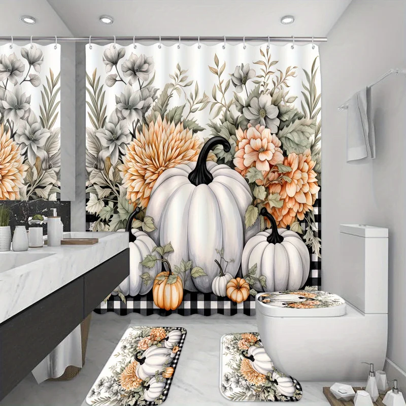 Thanksgiving Harvest Pumpkin Shower Curtain Set with Rugs - Waterproof Polyester Fabric, 12 Hooks, And Seasonal Floral Design