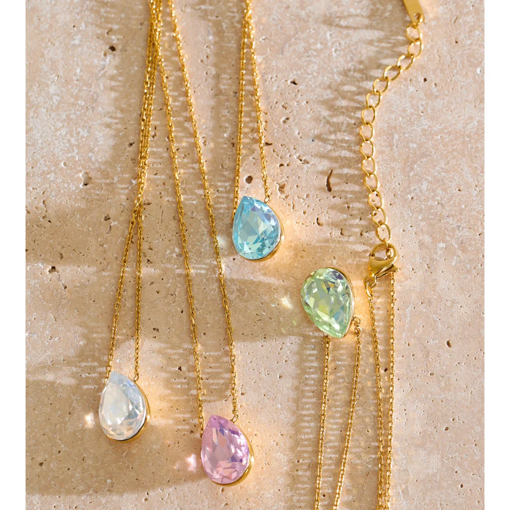 Yhpup Multi Color Stainless Steel Water Drop K9 Crystal Necklace Pendant 16K Gold Color PVD Plated Arrivals Exquisite Jewelry