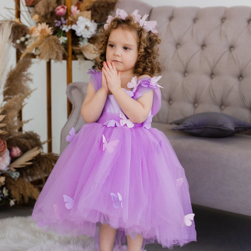 Elegant ดอกไม้สาวชุดสีชมพู PUFFY สําหรับงานแต่งงาน Tulle Applique แขนกุดเด็กของขวัญวันเกิด PARTY First Communion Ball Gown