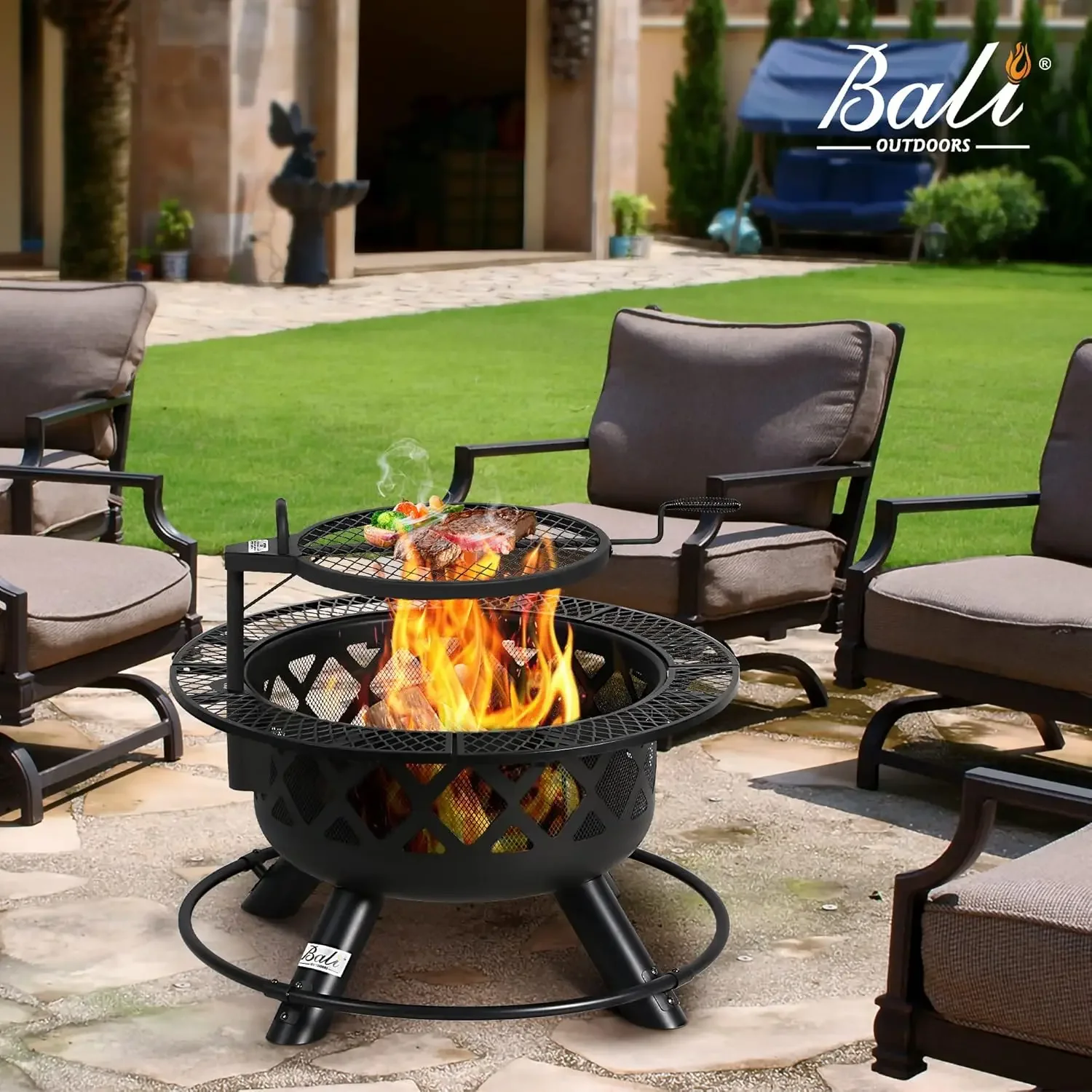 Wood Burning Fire Pit with Quick Removable Cooking Grill, Black, 32in, portable fire pit