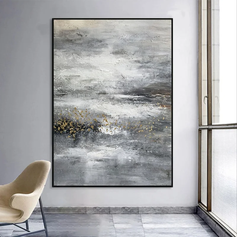 

Handmade Abstract Landscape Oil Painting, Home Wall Decor, Modern Grey Golden Oil Painting on Canvas Art, Hand Painted Artwork