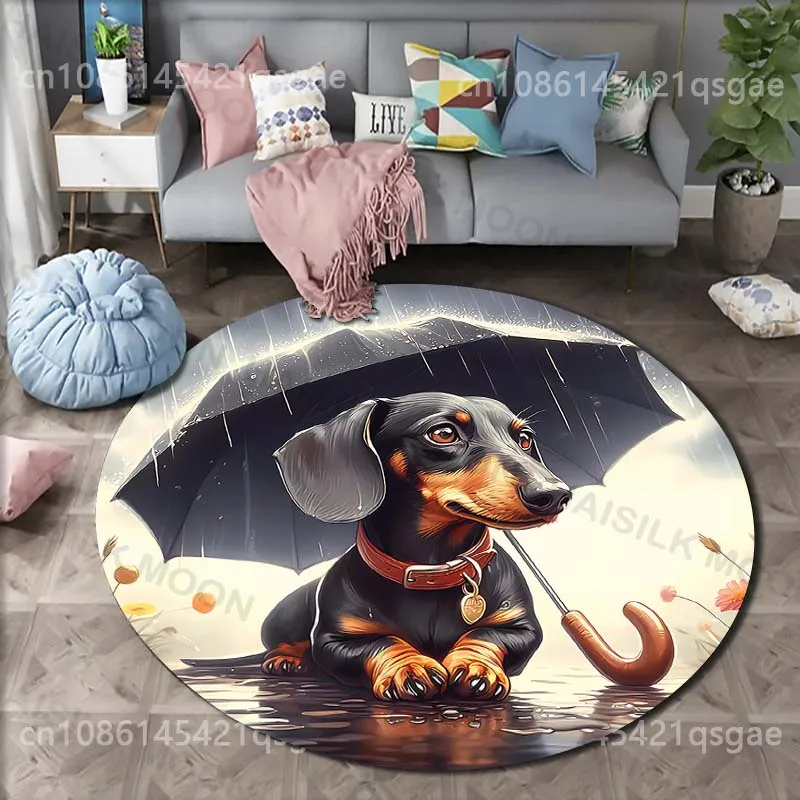 Multiple sizes Dachshund with umbrella rain Print Round Carpet for Living Room Bedroom Sofa Table Floor Mat Area Rug Luxury Gift