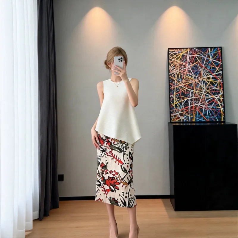 Miyake Pleated 2026 New Skirt Casual Retro Floral Print High Waist Straight A-Line Skirt Fashionable Versatile Mid-Length Pleat