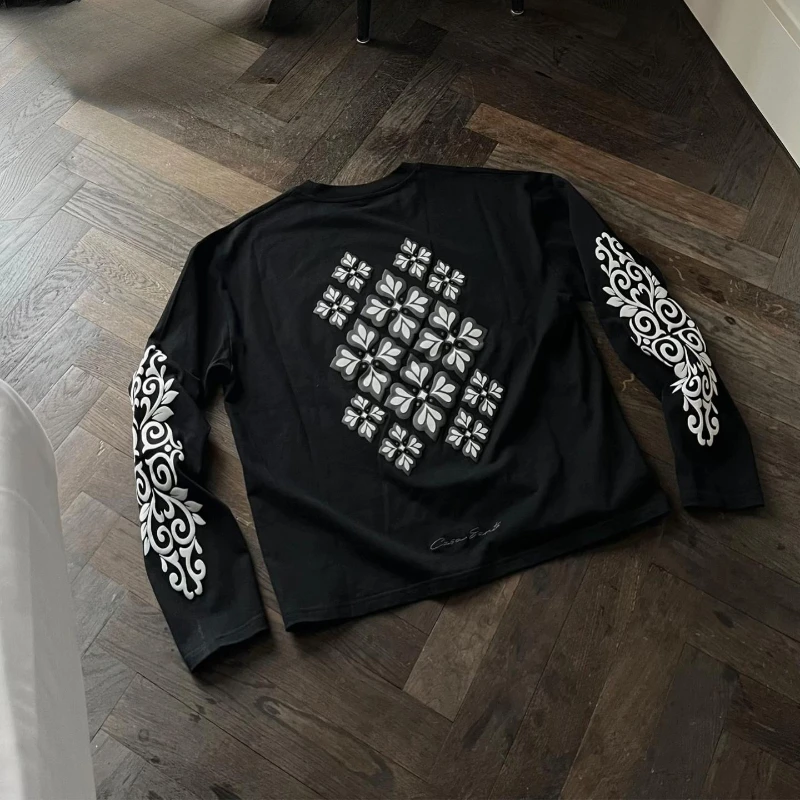

Y2K Classic Versatile Long Sleeves Print Flower Leaf Pocket Pullover Gothic Harajuku New Trendy Streetwear Unisex Loose Clothes