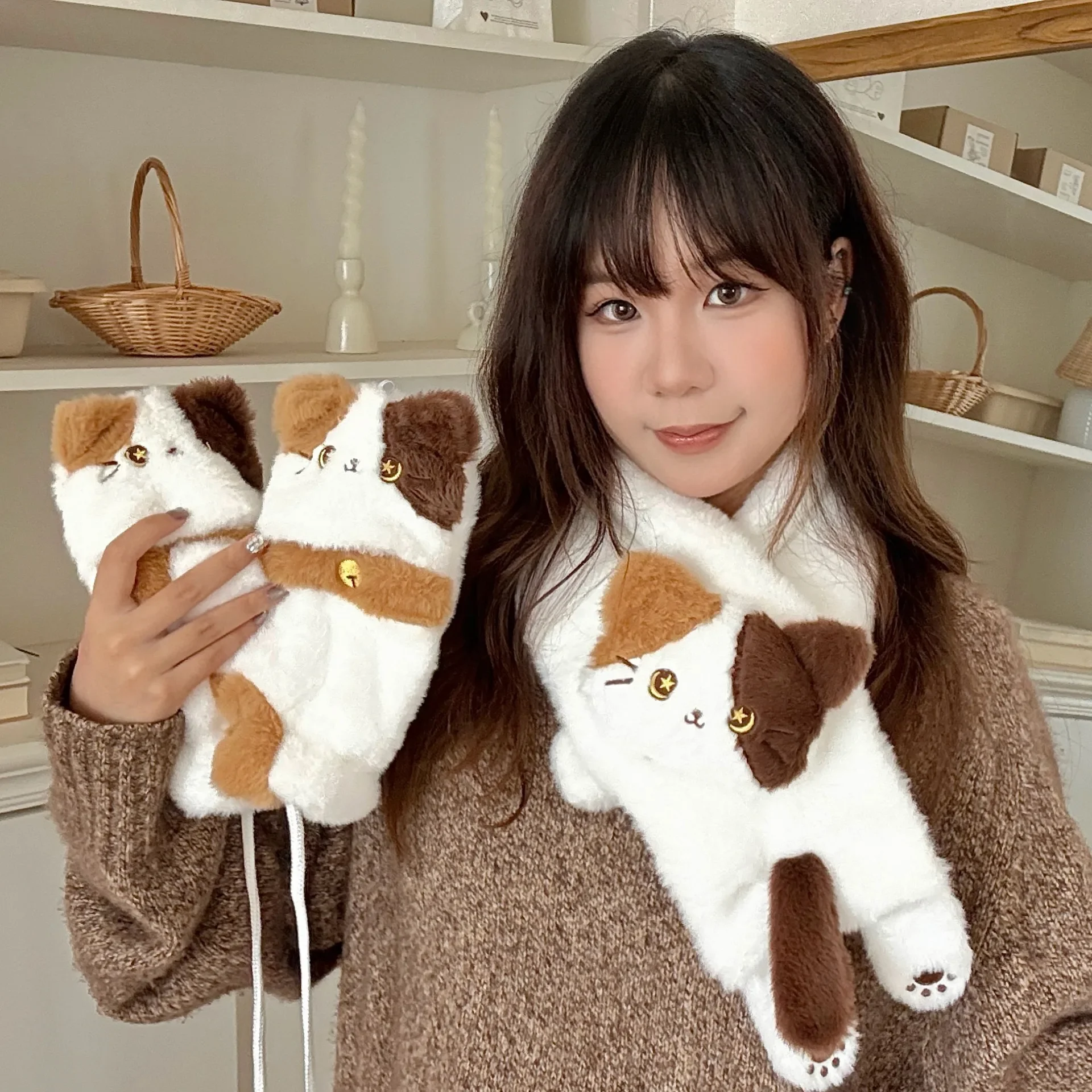 New Winter Cute Cat Gloves Scarf Windproof Knee Protector Set Outdoor Warm Small Scarf