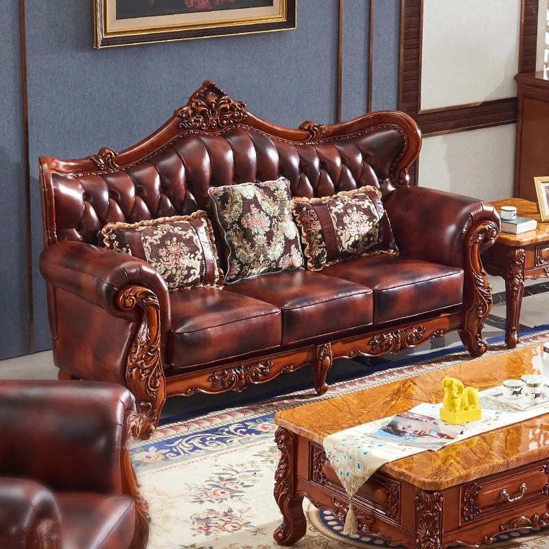 

European style leather sofa hall villa American style high-end solid wood carved top layer cowhide sofa