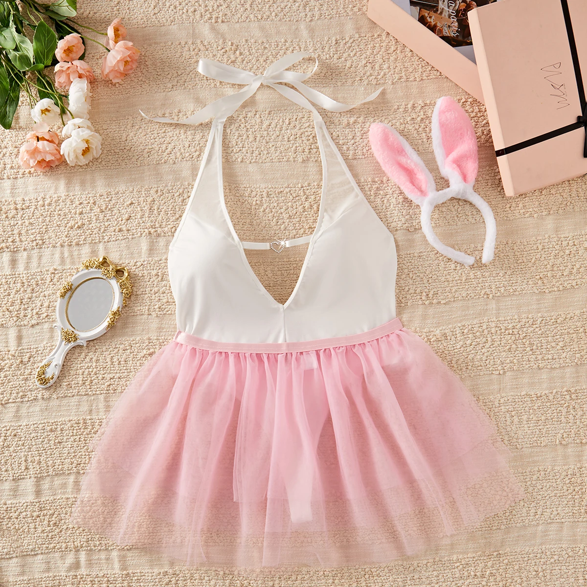 

Women's Wedding Sexy Lingerie One-piece Tights, Plus Size Deep V Ruffle Decoration Crotchless Neck Hanging Bunny Girl