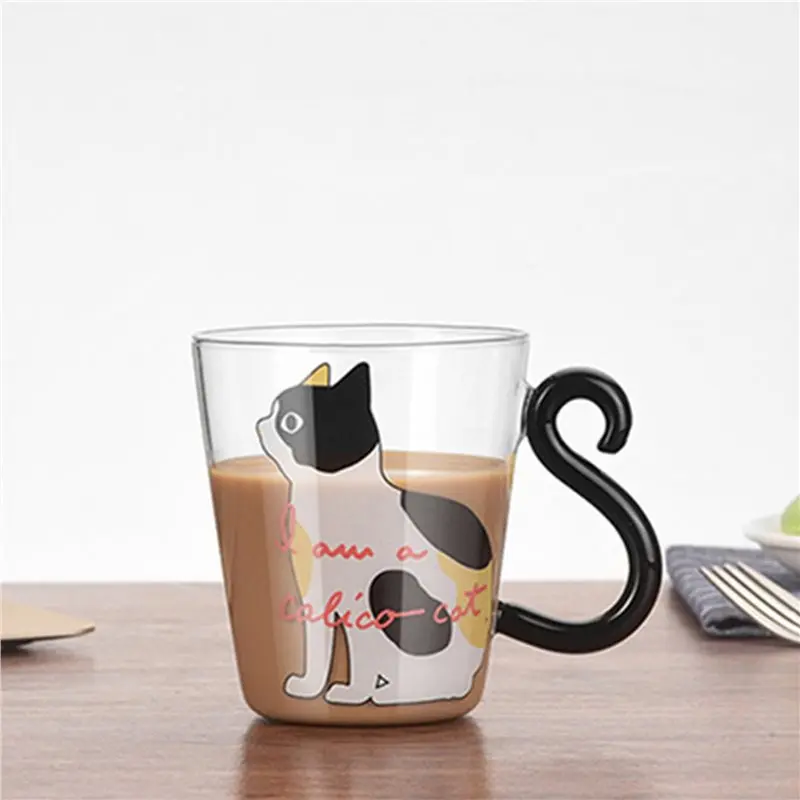 ABLK 4X Cute Kitty Glass Water Cup Cat Tail Handle Mug Milk Tea Coffee Fruit Juice Mug Drinkware Home Lovers Cup -White