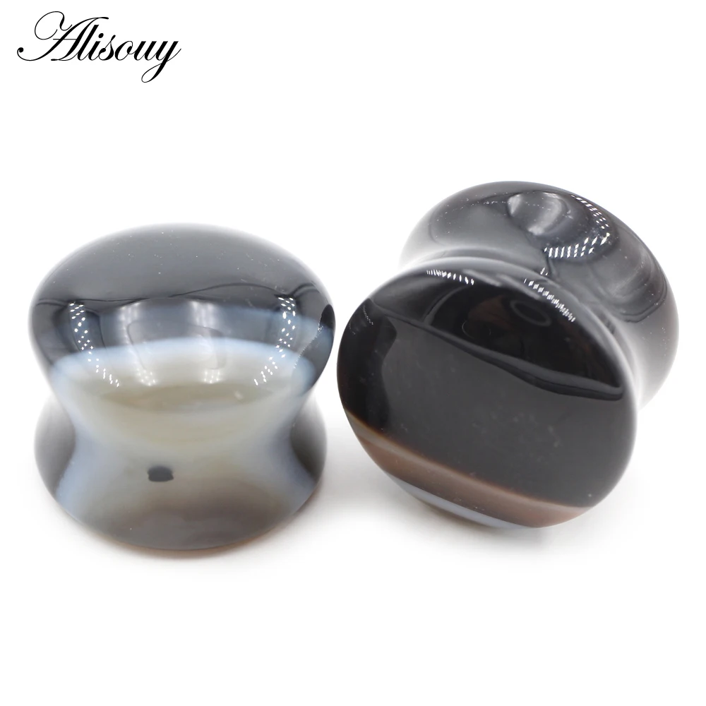 2Pieces Punk Natural Stone Curved Stripe Flared Ear Tunnels Plugs Flesh Stretcher Expander Gauges Earrings Piercing Body Jewelry