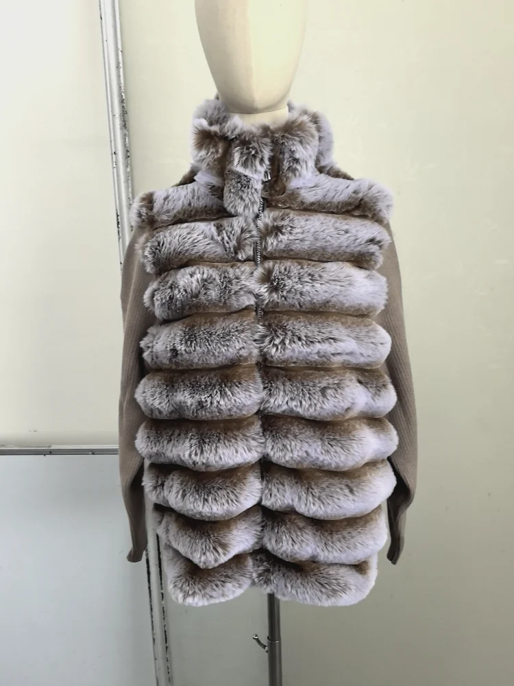 Casual Faux Fur Coats Women Patchwork Knit Long Sleeves Zippers Thicken Jacket Female 2026 Winter Spring Chic Warm Outwear Lady
